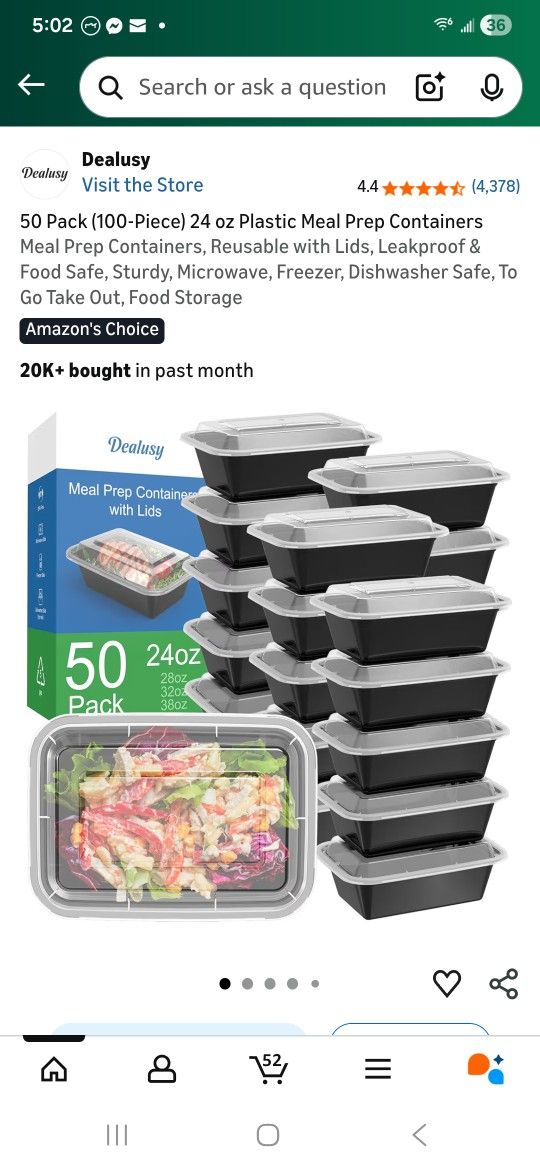 50 Pack (100-Piece) 24 oz Plastic Meal Prep Containers
Meal Prep Containers, Reusable with Lids, Leakproof & Food Safe, Sturdy, Microwave, Freezer, Di