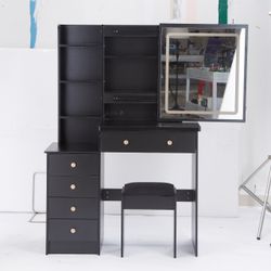 37 Middle Size Left Bedside Cabinet Vanity Table + Cushioned Stool, Large Sliding, Touch Control, Tri-color Switching, Brightness Adjust LED Mirror, H