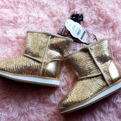 New With Tags Little Girls Size 12 Gold Glitter Easy On/Off Boots