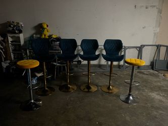 Set of 6 Modern Bar Stools - Blue Velvet & Yellow Tufted (has some wear on the stools)