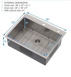 28 x 22 inch Topmount Kitchen Sink, 16 Gauge Stainless Steel, Handmade for Kitchen, Bar, or Outdoor Use