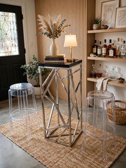 chrome bar tables o Modern chrome pedestal bar tables