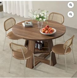 43.3''-59'' Extendable Round Dining Table for 4-8, Mid Century Modern Wooden Round Table with Removable Leaves Space Saving, for Kitchen Living Room