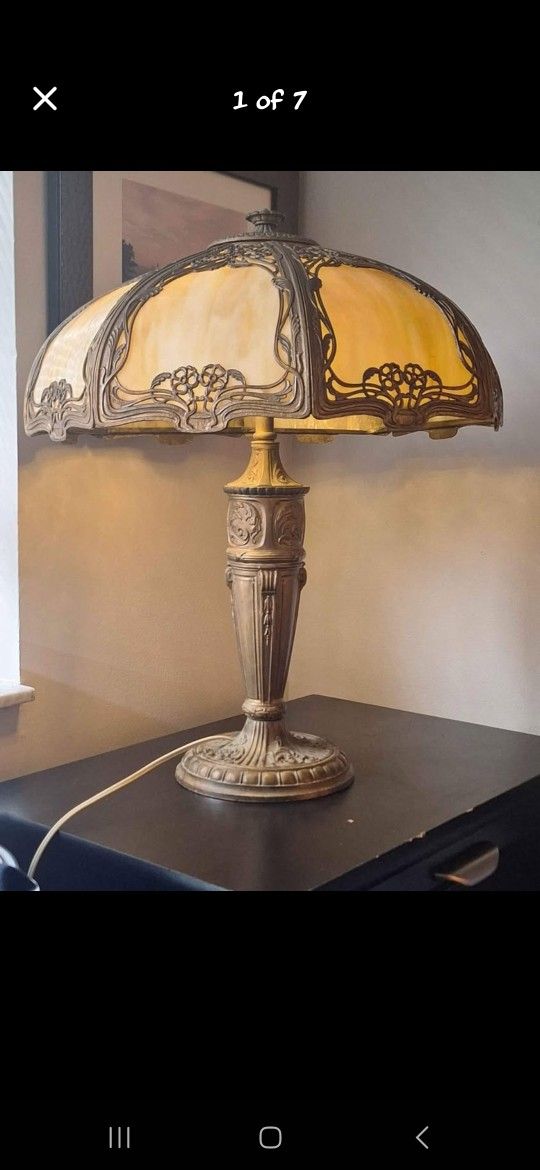 Antique Caramel Slag Bent Glass Bronze Lamp