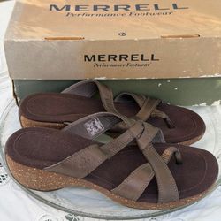 New MERRELL Women's Sundial Cross Antique Brass Wedge Sandals US8 Leather Thong