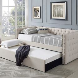 Twin Size Day Bed with Trundle Beige Linen