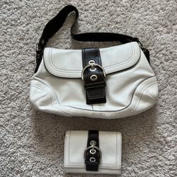 Coach Vintage Soho Y2K Leather Buckle Flap Shoulder Bag WHT/BWN F10910 & Wallet