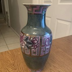 Beautiful Vintage Floral 10" Tall Vase Olive Green, Pink Purple Floral China 
