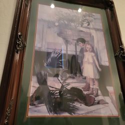 Antique , large picture carved frame glass front perfect