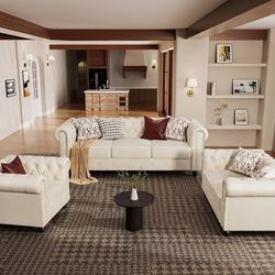  3 Piece Classic Chesterfield 6-Seater Set, Tufted Chair & Loveseat & Sofa Solid Wood Legs Thick Cushion, Pet-Friendly Couch Set Furniture for Living 