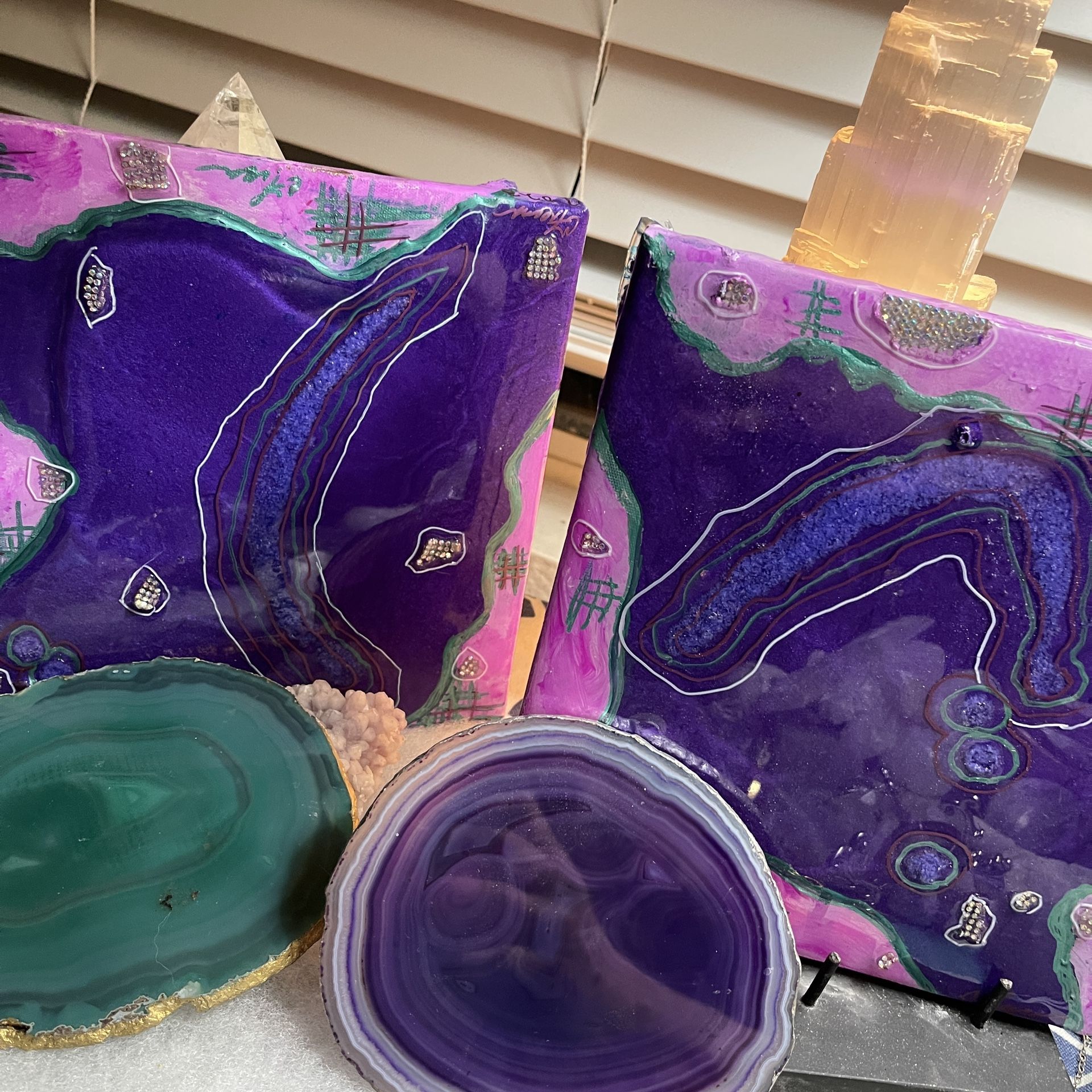 Set Of Two 8” X 8” Green & Purple Hi gloss contemporary resin pours