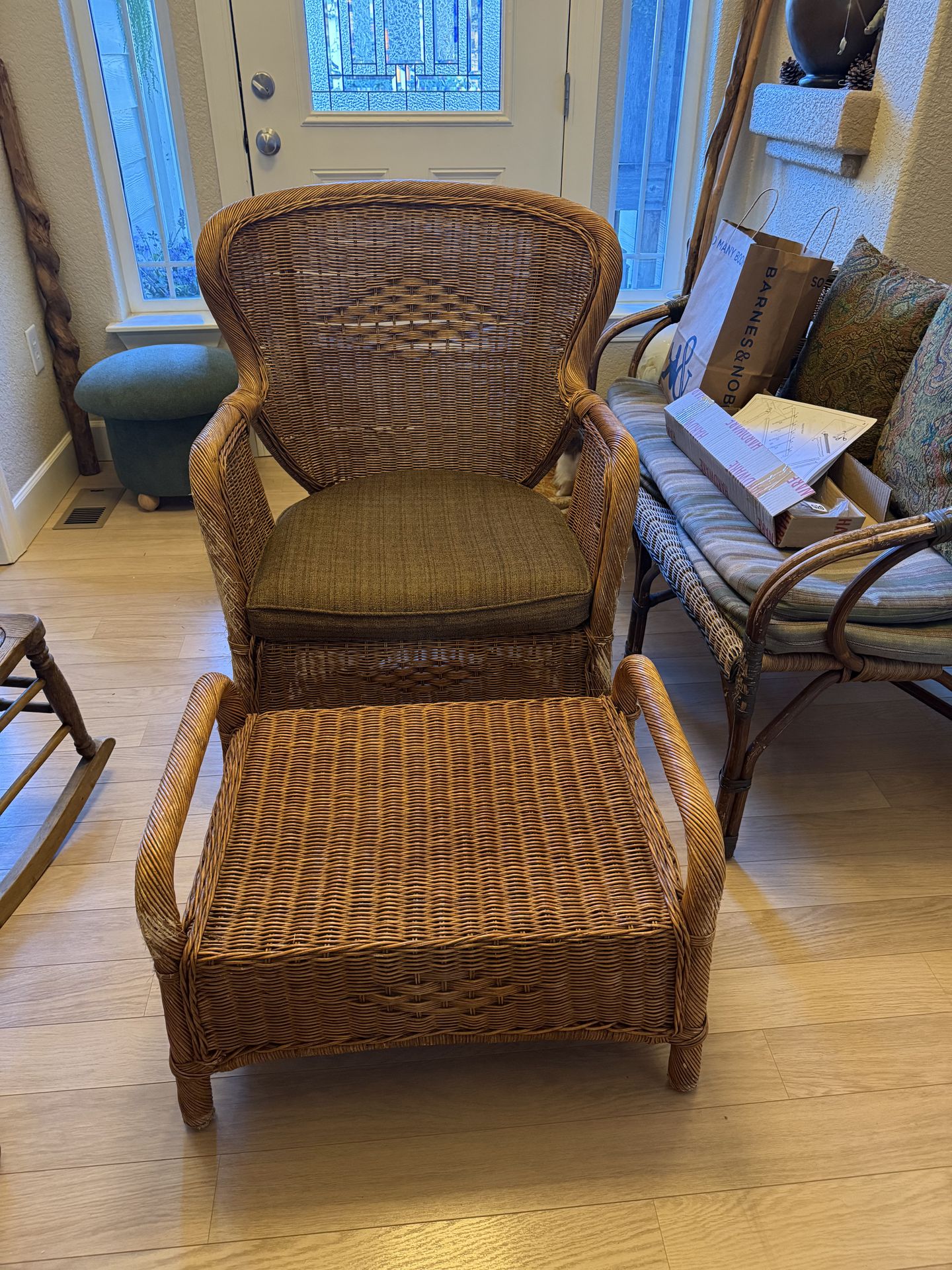 Wicker rattan chair and ottoman