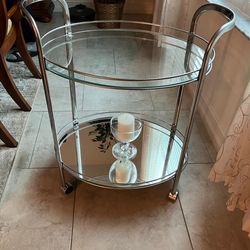 Modern Chrome & Glass 2 Tier Bar Cart on Wheels