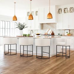 Set of 4 Counter Height Bar Stools, 27” Modern Barrel Counter Stools with Backrest and Arms,  Linen Fabric Upholstered Accent Barstools