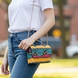 Vegan Multi-colored Snakeskin Pattern Purse Shoulder Bag 