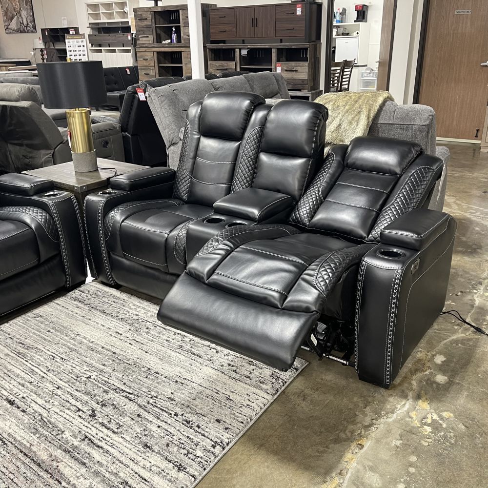 POWER RECLINING SOFA AND LOVESEAT WITH ADJUSTABLE HEADREST, LED LIGHTS, BLACK COLOR || SKU#37003SET