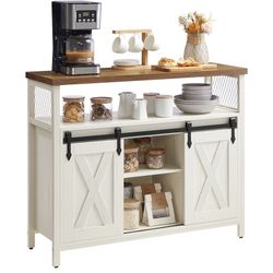  Cabinet, Coffee Bar Storage Cabinet, Sideboard with 2 Sliding Barn Doors, Adjustable Shelves, 13 x 39.4 x 31.5 Inches, for Living Room, Rustic White 