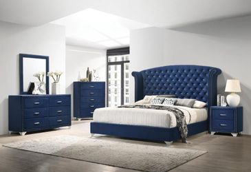 4PC QUEEN BEDROOM SET: QUEEN BEDFRAME, DRESSER, MIRRROR, NIGHTSTAND--BLUE VELVET