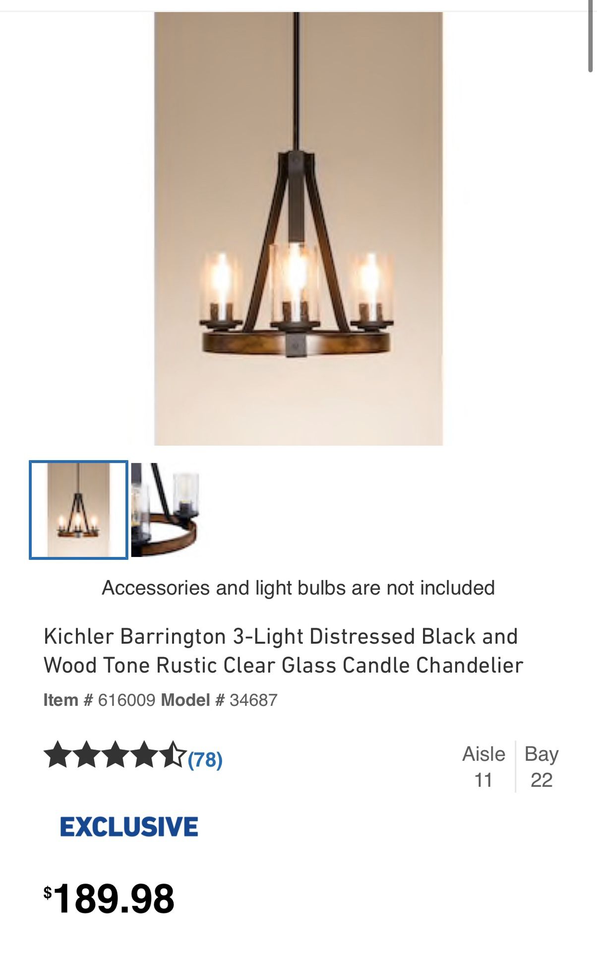 Kichler Barrington 3-Light Distressed Black and Wood Tone Rustic Clear Glass Candle Chandelier