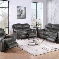 Brand New Dark Grey 3pc Reclining Sofa Set 