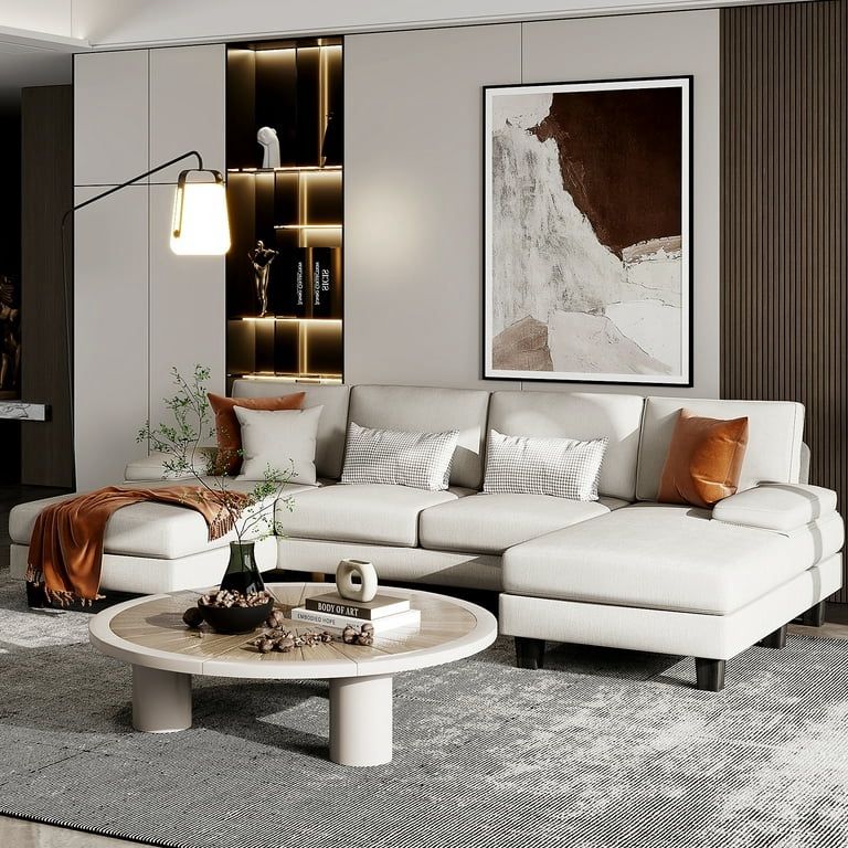 Furmax U-Shaped Sectional Sofa with Chaise, 4 Seats Chenille Fabric Sofa for Living room, White