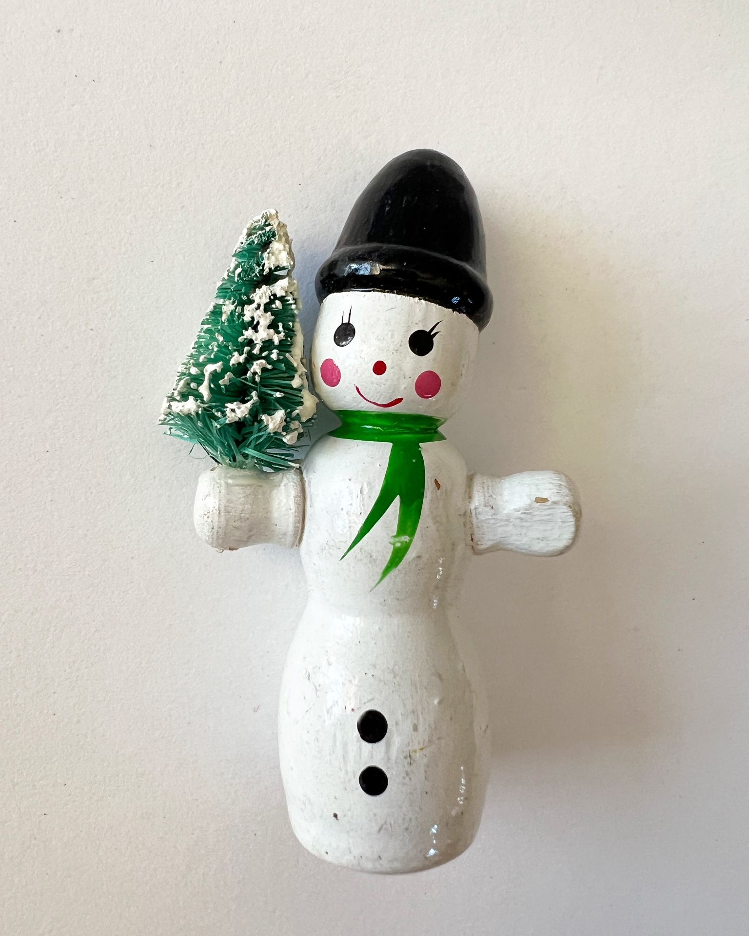 Vintage Wooden Christmas Tree Snowman Ornament 