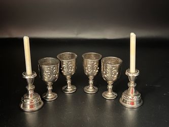 Vintage 1:12 Dollhouse Miniature Pewter Set 4 Goblets Chalices 2 Candlesticks Taiwan — Shabbat