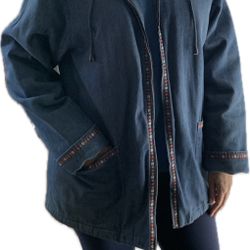 Women’s Blue Denim Hooded Jacket, Size L