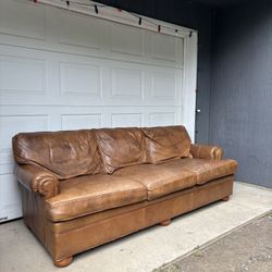 Vintage 90s Ethan Allen Brown Leather Sofa w/ Rolled Arms •FREE DELIVERY•