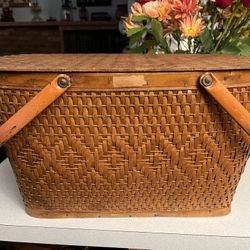 Vintage REDMAN MCM Picnic Basket Woven Wood with Metal 