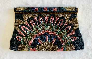 Evening Bag Purse Clutch Vintage Beaded Art Deco Peacock Fan Black Gold Bronze Pink Green Blue