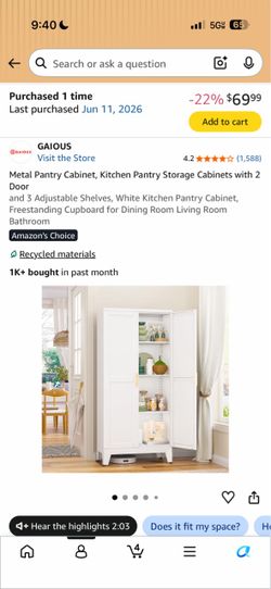 GAIOUS White Metal Pantry Storage Cabinet 2 Door
