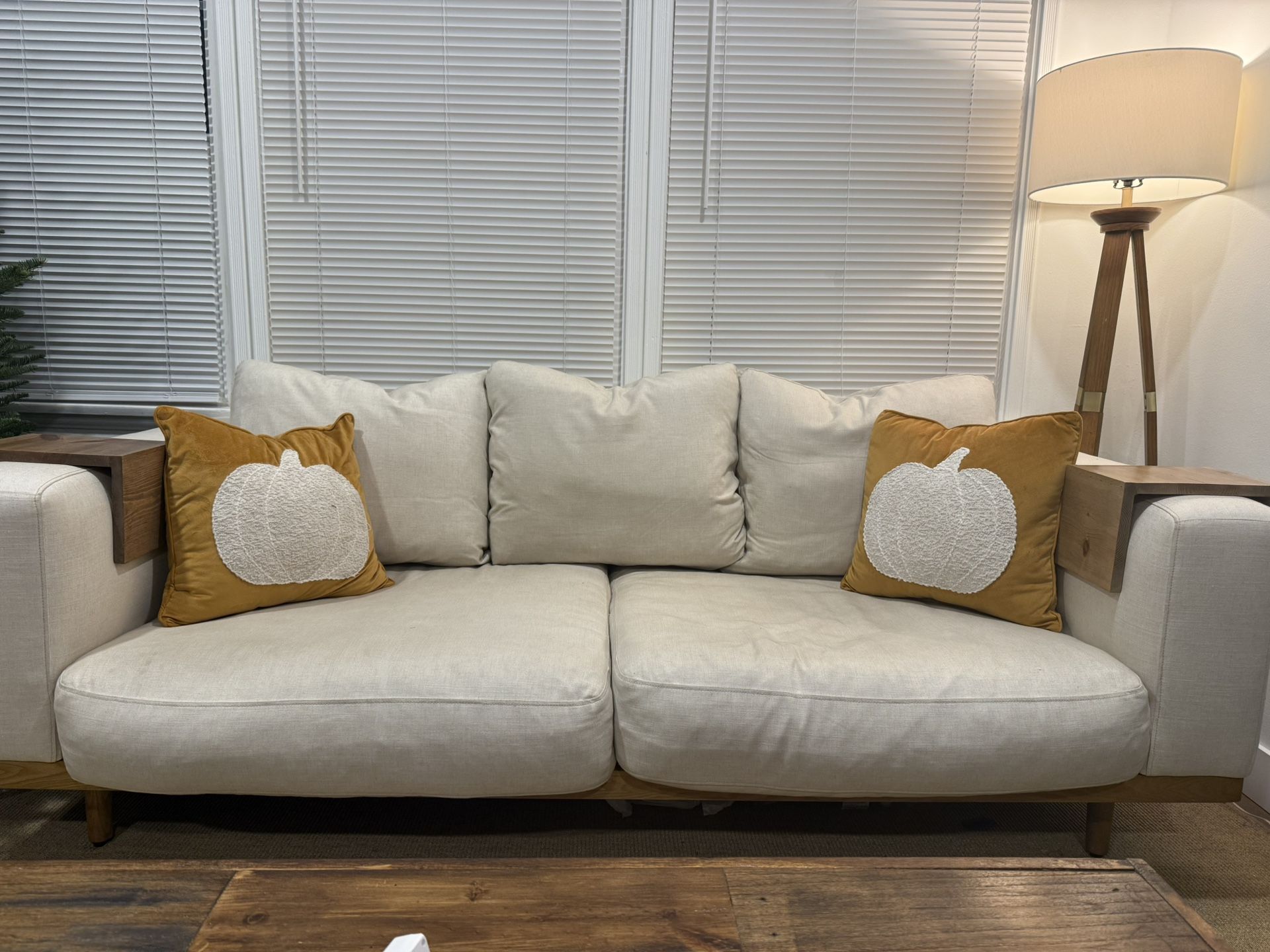 Crate & Barrel Mid Century Couch + Wood End Tables