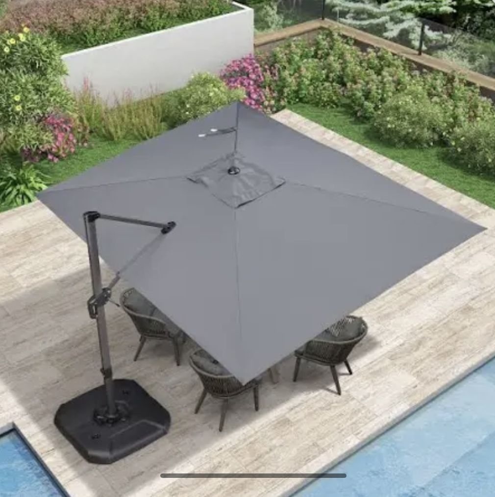 🌴 PURPLE LEAF 9x11.5ft Cantilever Umbrella + Heavy-Duty Base – Both Unused! (Gray)