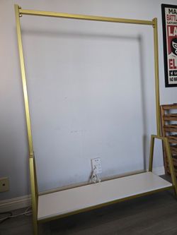 Gold Metal Clothing Garment Rack with White Shelf
