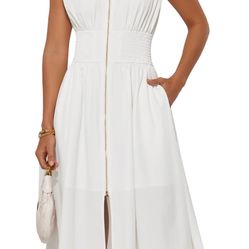 GRACE KARIN Womens Summer Casual Dress, Business Office Work Dresses, Cap Sleeve Zipper Front Flowy Midi Dress with Pockets