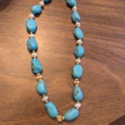 Beautiful 14k, Turquoise, And Natural Pearl Necklace 