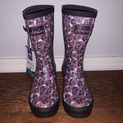 NEW Joules Molly Welly Rain Boots Women's Mid Calf Purple Brown Cheetah Print 5