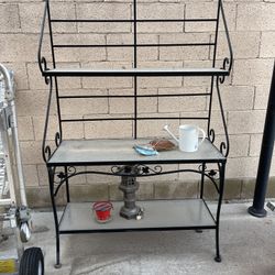 Heavy wrought iron black metal frame glass top 3 tier rack