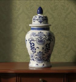 Chinoiserie Jar  Large blue & white porcelain vessel floral motifs domed lid.  20"×12"