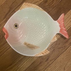 Vintage Hand Painted Pottery Fish Shaped Serving Plate Dish Portugal 10"