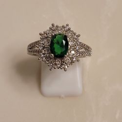 925 Silver CZ and Emerald Ring Size 9