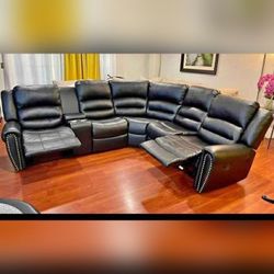 Black Leather Sectional recliner sofa with console