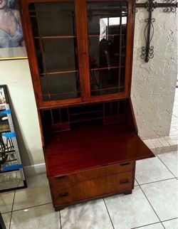 VINTAGE ART DECO TALL SECRETARY DESK WITH BOOKCASE & KEY- Solid Wood