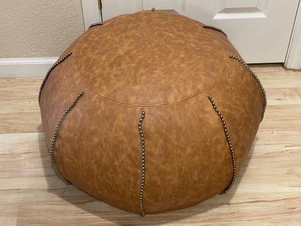 Brand New 28” Luxe Vegan Leather Pouf Gold Beaded Medal Bean Bags Carmel Brown