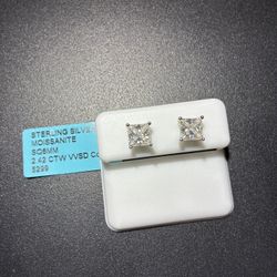 2.42 Ct Princess Cut Moissanite & Sterling Silver Earrings 