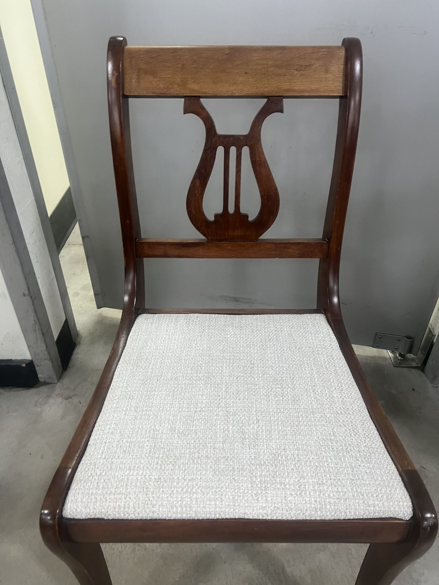 Vintage Harp Back Chair Wood White Fabric Stunning Associated Factories. Inc. used and very good condition with minor cosmetic Blemishes. These ble