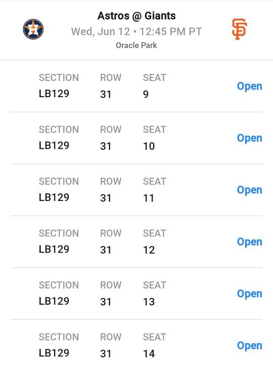 6 SF Giants vs. Houston Astros Tickets 6/12 LB129, Row 31