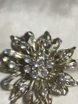 Silver-Tone Rhinestone Flower Brooch