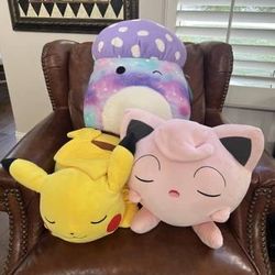 Reduced! (3) XL Squishmallow Unai Mushroom Pokémon Sleeping Pikachu & Jigglypuff Stuffy Plush